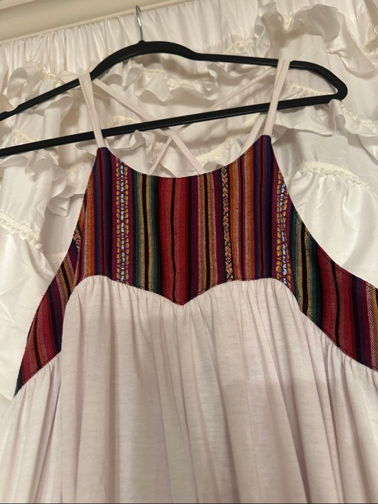 entro White Tank Top with Multicolor Striped Yoke and Turquoise Pom Trim - Picture 3 of 4
